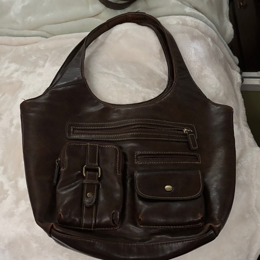 Dark Brown Leather Hobo Bag with Front Pockets